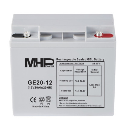 MHPower GE20-12 Gelový akumulátor 12V/20Ah, Terminál T1 - M5, Deep Cycle