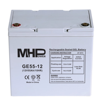 MHPower GE55-12 Gelový akumulátor 12V/55Ah, Terminál T1 - M6, Deep Cycle