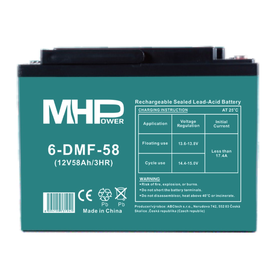 MHPower 6-DMF-58 Trakční gelová baterie 12V/58Ah, Terminál D3 - M6, Deep Cycle