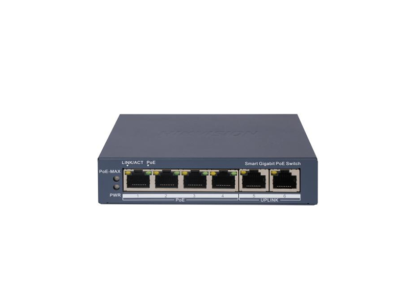 DS-3E1506P-EI 6 portový switch - 4x PoE 30W 1Gbps + 2x uplink RJ-45 1Gbps, PoE celkem…