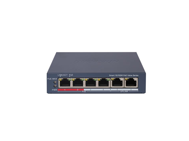 DS-3E1106P-EI/M 6 portový switch - 4x PoE 30W 100Mbps + 2x uplink RJ-45 100Mbps, PoE…