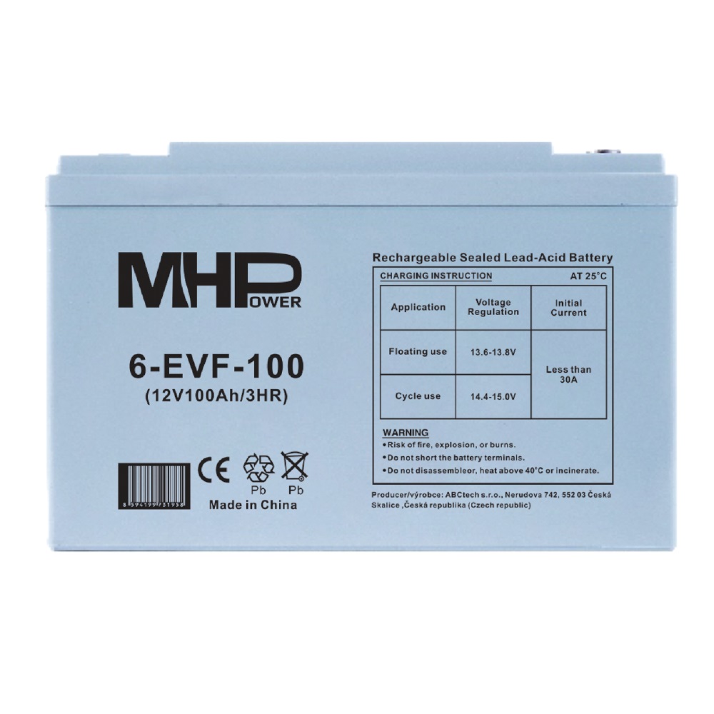 MHPower 6-EVF-100 Trakční gelová baterie 12V/100Ah, Terminál T3 - M8, Deep Cycle