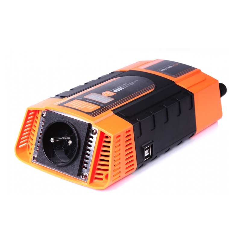 Měnič napětí Carspa PID600-12 12V/230V+2xUSB 600W, modifikovaná sinus, digitální display, vhodný do auta