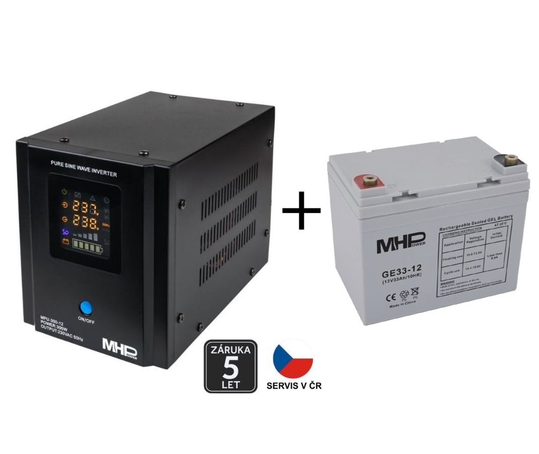 Záložní zdroj MHPower MPU-300-12, UPS, 300W, čistý sinus, 12V SET s Gelovou baterií 33Ah