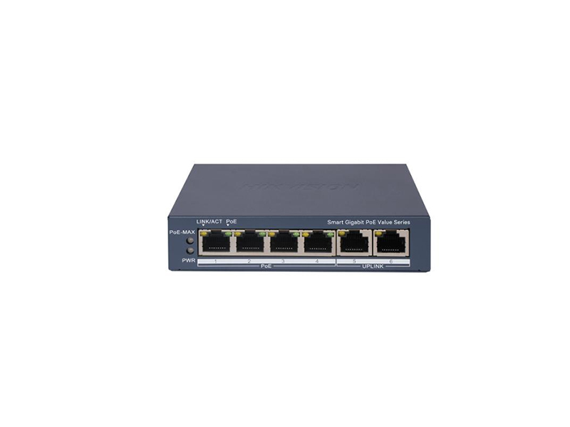 DS-3E1506P-EI/M 6 portový switch - 4x PoE 30W 1Gbps + 2x uplink RJ-45 1Gbps, PoE celkem…